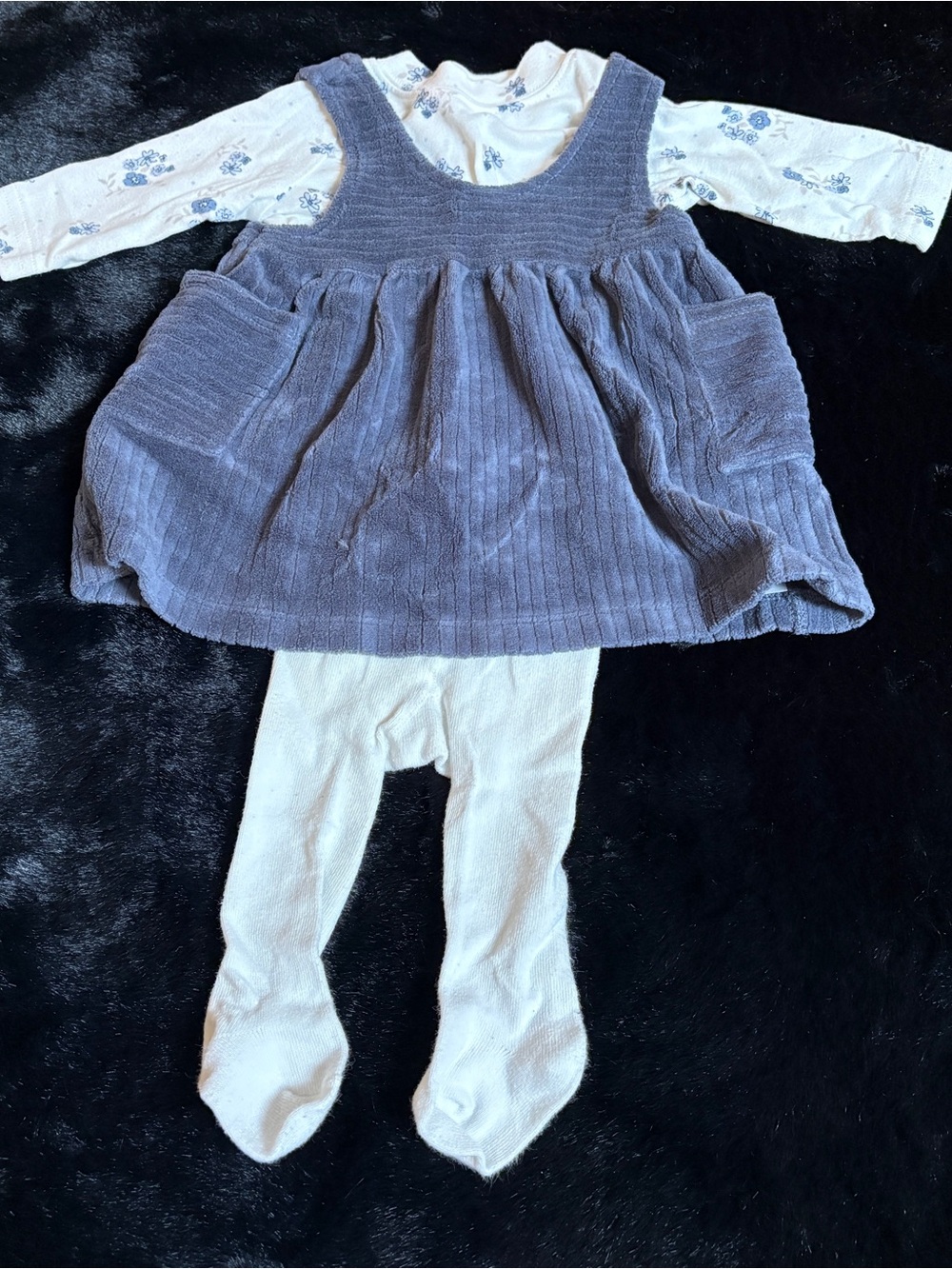 Girls Blue Corduroy Pinafore Dress with White Floral Top